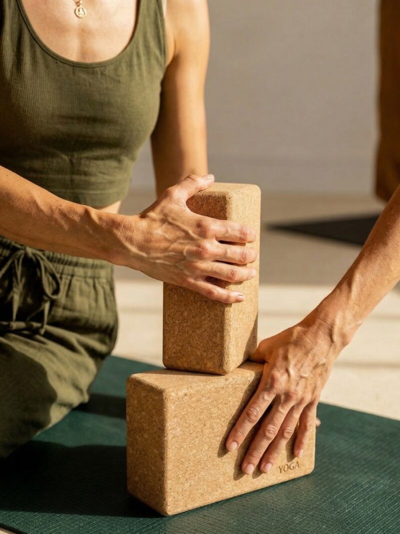 mujer con brick de yoga