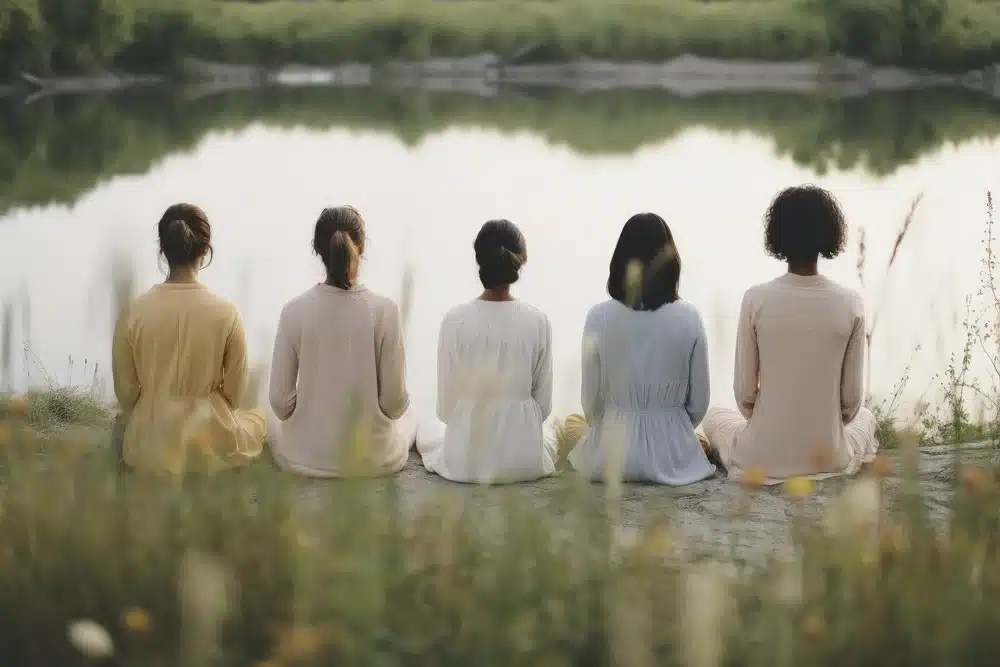 plano mujeres sentadas junto al lago
