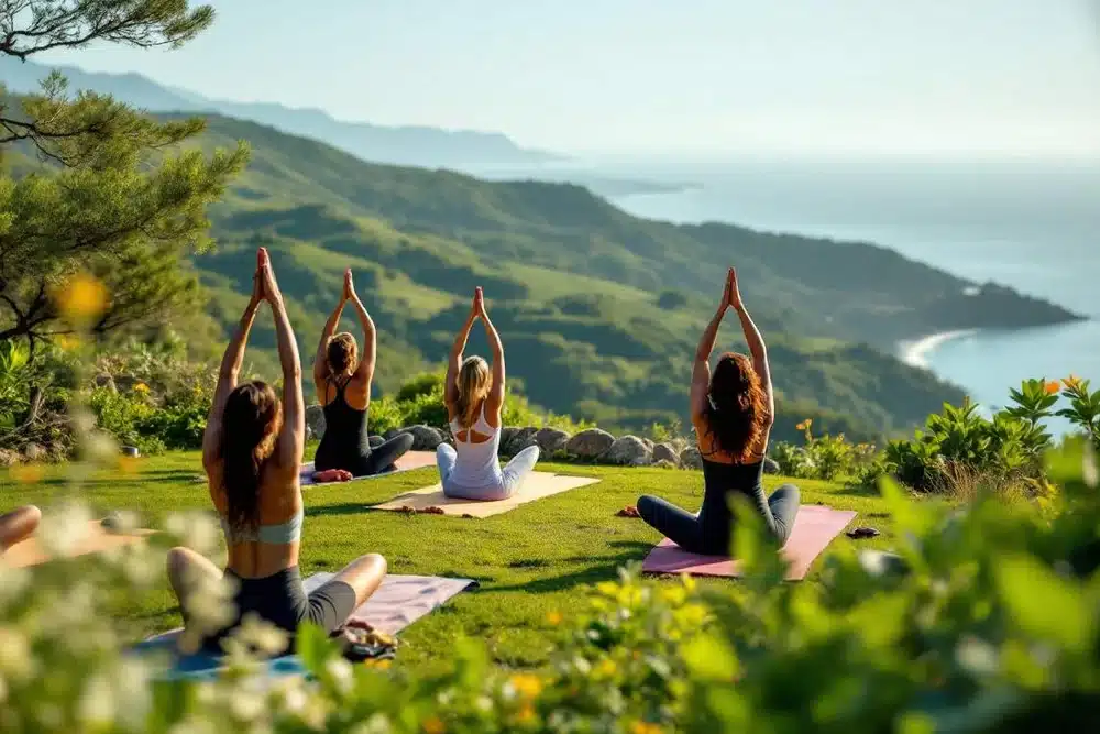 chicas mirador montaña haciendo yoga
