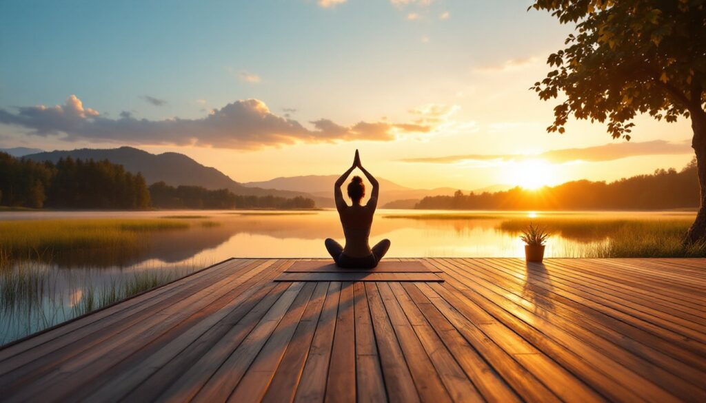 meditacion en una plataforma de madera con vista al lago durante la puesta de sol