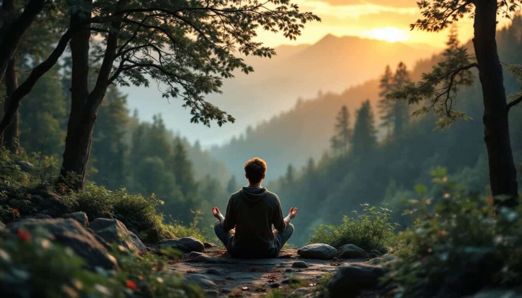 persona meditando en piedra en montana al atardecer con vistas a valle y arboles en paisaje tranquilo