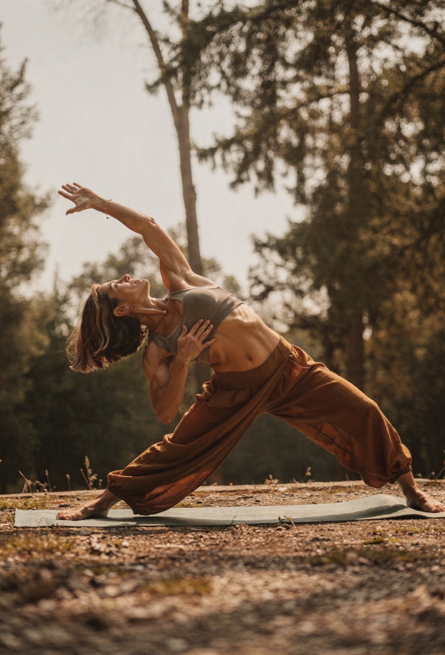 alumna practicando yoga en el bosque