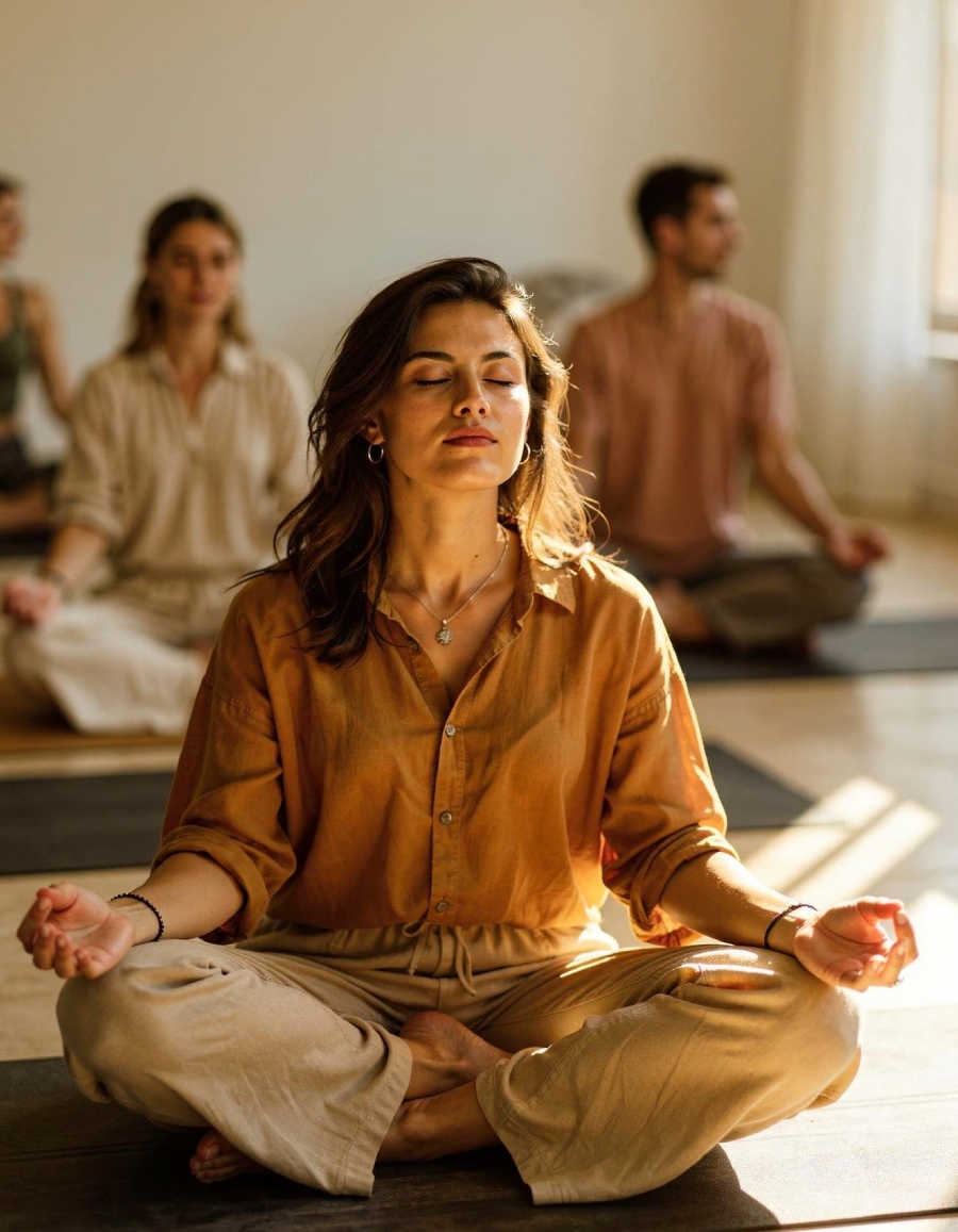 alumnos meditando sentados en el suelo